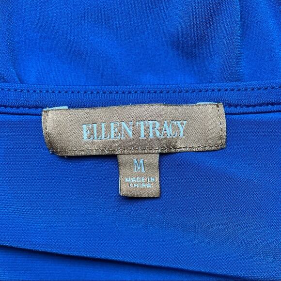 ELLEN TRACY RUCHED EXPOSED ZIPPER SPLICED / WRAP  V-NECK BRIGHT BLOUSE BLUE - M - Picture 3 of 5